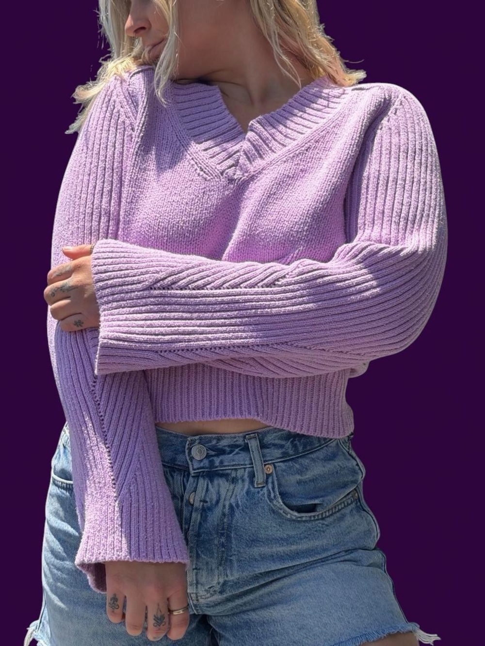 Anthropologie Lilac Ribbed V-Neck Sweater